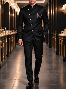 Manfinity Bizformal 男士四季通用西裝套裝，黑色布料，中式小立領，成熟風西裝外套＋長褲，正式款 - 黑色 - 查看 4