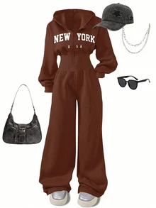 SHEIN 女童時尚簡約純色連帽拉鍊印字字母高腰秋冬連身褲 - 棕色 - 查看 6