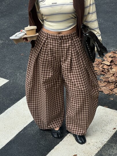 Muchica New Autumn Plus-Size Women's American-Style Plaid Wide-Leg Trousers With Pleats And Curved Hem