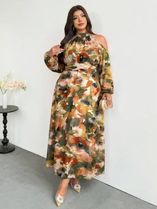 Firerie Plus Size Women's Tie-Dye Cold Shoulder Long Sleeve Elegant Dress Fall - Multicolor - View 6