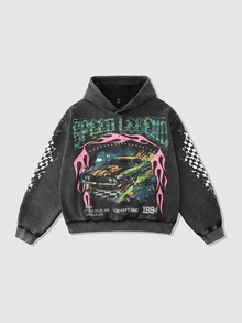 ROMWE MEN Men's Washed Distressed Printed Pattern Plus Size Hoodie - Black - View 1
