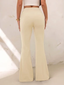 SHEIN PETITE Women's Solid Color High Waist Casual Versatile Daily Flare Pants - Apricot - View 2