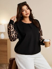 Edennvi Plus Size Women's New Fashion Autumn/Winter Minimalist Crew Neck Textured Fabric Sleeve Patchwork Leopard Print Casual Sweatshirt - Black - View 7