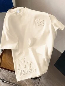SHEIN 1件青少年男孩休閒極簡設計壓紋字母純色圓領套頭T恤，舒適面料，適合春夏秋季 - 杏色 - 查看 1