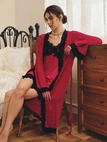 Côtesoire Women's Lace Patchwork Asymmetrical Hem Nightgown With Cardigan Pajama Set - Burgundy - View 5