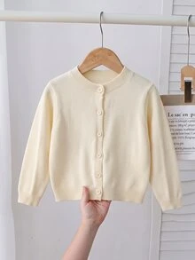 SHEIN 女童秋/冬黃色修身圓領針織開襟毛衣外套，基礎款針織開襟衫，適合海邊度假、冷氣房、開學季、優雅聚會等場合，適合秋冬穿著 - 杏色 - 查看 3