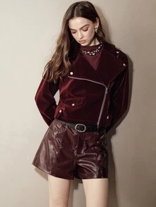 MOTF PREMIUM VELVET MOTORCYCLE LAPEL EPAULETTE WIDE SHOULDER LOOSE FIT CROPPED JACKET - Burgundy - View 6