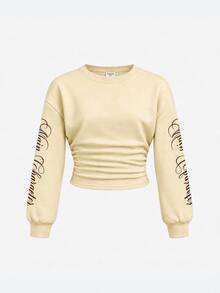 SHEIN 青少年女孩字母圖案休閒日常長袖衛衣 - 黃色 - 查看 3