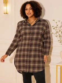 BrightlyHer Plus Size Casual Plaid Single-Breasted Long Sleeve Shirt For Daily Wear - Brown - View 5