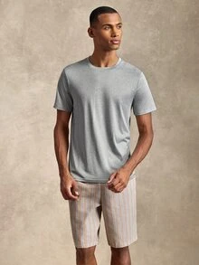 Provexi Provexi 2pcs Men's Solid Color Crew Neck Short Sleeve Top & Drawstring Striped Shorts Loungewear Set - Multicolor - View 5