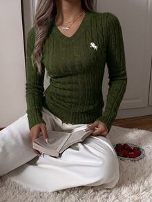 SHEIN EZwear 女款休閒V領長袖針織毛衣，酒紅色，秋季，校園，返校季騎士圖案日常極簡聖誕上衣，紅色上衣 - 軍綠色 - 查看 3