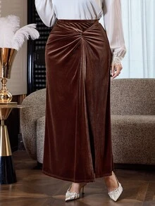 Feyla Plus Size Vintage Front Knot Ruched Skirt - Coffee Brown - View 3