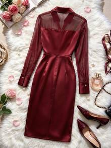 GlowEve Women's Mesh Patchwork Casual Party Midi Dress - Burgundy - View 2