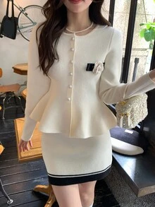 DAZY Women's French Style Button Ruffle Hem Sweater And Striped Knit Skirt 2 Pieces Set - Black and White - View 4