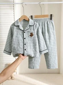 SHEIN 休閒舒適刺繡熊貼布領口長袖居家服套裝 男童款 - 彩色 - 查看 4