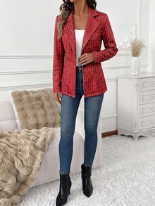 SHEIN Clasi 女款格紋休閒百搭通勤旅行西裝外套 - 酒紅色 - 查看 4