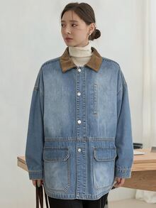 Dazy-Less Women's Colorblock Drop Shoulder Long Sleeve Single-Breasted Casual Denim Jacket - Light Wash - View 4