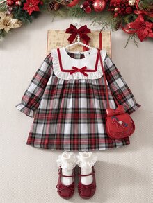 Souflis 1pc Toddler Girls Red Plaid Long Sleeve Doll Dress, Elegant Party Outfit, Holiday Clothing, 6 Months - 3 Years, Autumn Dress - Red and White - View 4
