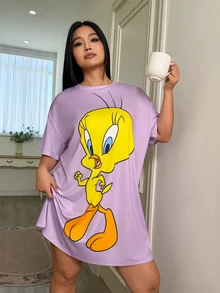 LOONEY TUNES X SHEIN 大尺碼可愛卡通印花短袖睡裙 - 紫色 - 查看 3