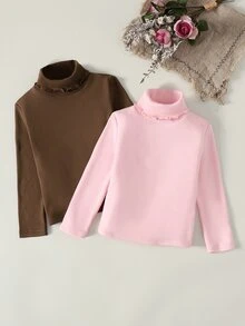 SHEIN Young Girl 2件組女童針織領休閒T恤冬衣，秋季女童上衣，適合日常休閒穿著 - 彩色 - 查看 6