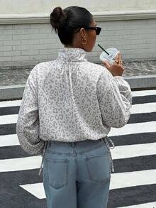 SHEIN EZwear 女款豹紋綁帶拉鍊長袖夾克 - 紅色 - 查看 2