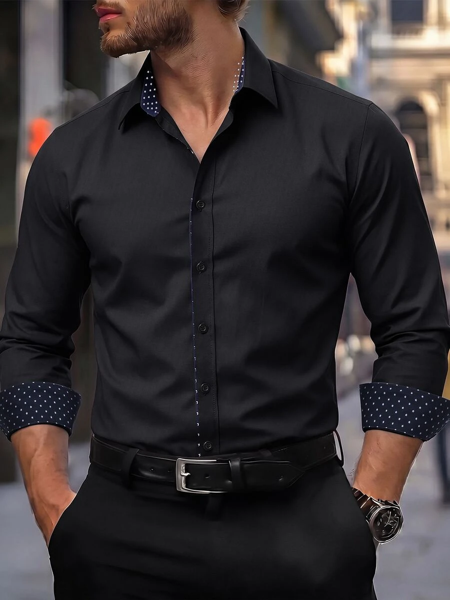 Manfinity Bizformal Men's Color Block Single-Breasted Casual Versatile Daily Wear Shirt, Formal, Ceremony - Black - View 1