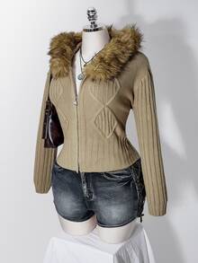 SHEIN ICON Women's Plus Size Zipper Faux Fur Hooded Knit Sweater - Khaki - View 13