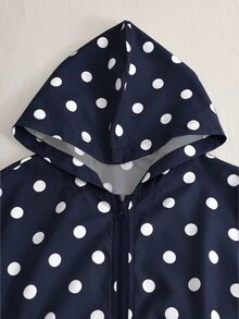 SHEIN 女童復古可愛日系風棕色波點連帽外套，秋季服飾，經典底色搭配滿版印花，寬鬆版型學生款 - 藏蓝色 - 查看 6