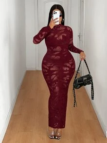 Maweii Plus Size Women Sexy Hollow Out Date Party Dress Fall - Burgundy - View 3