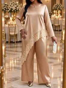 Fleurora Plus Size Women Solid Color Long Sleeve Contrast Lace Asymmetrical Hem Blouse And Wide Leg Pants Elegant 2 Pieces Set - Gold - View 1