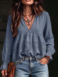 SHEIN Flounce Sleeve Contrast Lace Peplum Blouse - Dusty Blue - View 5