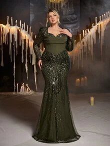 Glamrae Plus Size Army Green Luxury Beaded Sequin Patchwork Elastic Fabric Elegant Mermaid Tail Heavy Work Evening Gown - Army Green - View 5