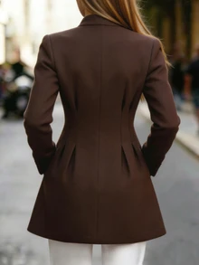 SHEIN Women's Autumn/Winter Single Piece Wool Solid Color No Pattern Stand Collar Waist-Cinching Single-Breasted Mid-Length City Street Minimalist Coat - Coffee Brown - View 2