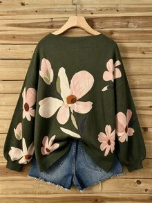Linhara Plus Size Casual Fashion Versatile Loose Lazy Plus Size Scoop Neck Asymmetrical Shoulder Floral Print Long Sleeve Knit Sweater Pullover - Green - View 2