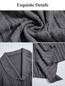 SOLERSUN Jaket Kardigan Wanita Ukuran Plus Elegan Musim Gugur/Dingin, Bergaris Ribbed Brushed dengan Hem Berumbai, Kerah Lebar, Atasan Asimetris yang Mengencangkan Pinggang, Warna Krem untuk Kantor - Dark Grey - View 7