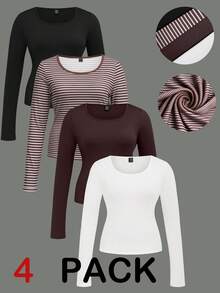 SHEIN LUNE CURVE 4件組圓領長袖T恤，休閒時尚女款秋季日常穿著上衣 - 彩色 - 查看 1