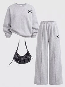SHEIN Tween女孩蝴蝶結印花兒童針織灰色兩件套，開學季秋季休閒長袖套頭衫與寬腿運動長褲校園運動套裝 - 淺灰色 - 查看 4