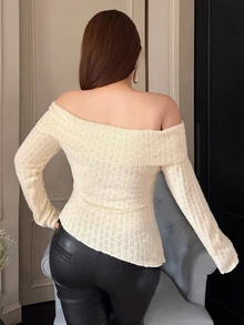 Dazy Plus Korean Style Off-Shoulder Ruffle Trim Long Sleeve T-Shirt For Girls Fall - Beige - View 2