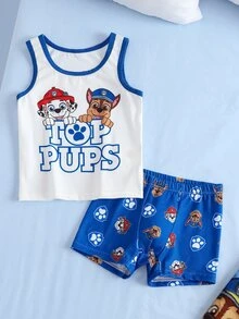 SHEIN | PAW Patrol Young Boy Letter Cartoon Print Colorblock Top And Shorts Set - Blue and White - View 1