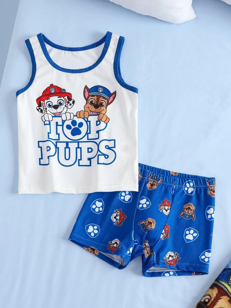 SHEIN | PAW Patrol Young Boy Letter Cartoon Print Colorblock Top And Shorts Set - Blue and White - View 1