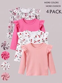SHEIN 女嬰 4 件套，花卉櫻桃印花與純色針織短袖圓領長袖上衣，休閒日常彈性內搭層，秋冬款 - 彩色 - 查看 1