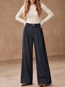 Anewsta Women's Elegant Commuter Versatile High Waist Double Pleated Draped Wide Leg Floor Length Trousers, Autumn/Winter - Navy Blue - View 4