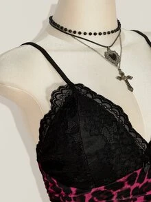 SHEIN ICON 女款大尺碼蕾絲拼接豹紋細肩帶背心 - 彩色 - 查看 10