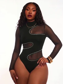 Radiana Women's Contrast Mesh Stand Collar Long Sleeve Sexy Bodysuit - Black - View 8