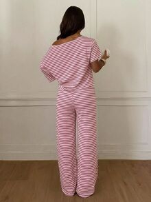 Siren Gaze Women's Striped Cold Shoulder Dropped Sleeve T-Shirt And Long Pants Casual Set - Pink - View 2