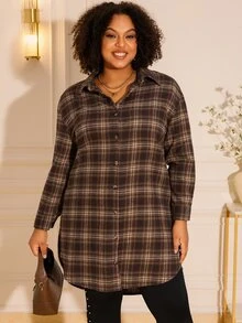 BrightlyHer Plus Size Casual Plaid Single-Breasted Long Sleeve Shirt For Daily Wear - Brown - View 8