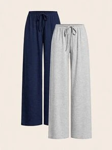 SHEIN EZwear 2色女款抽繩腰寬鬆休閒基礎寬腿居家舒適長褲，秋季女裝，巧克力棕、灰色 - 藏蓝色 - 查看 1