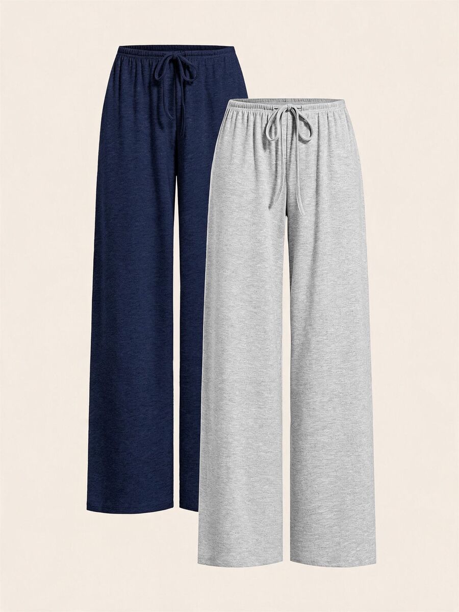 SHEIN EZwear 2色女款抽繩腰寬鬆休閒基礎寬腿居家舒適長褲,秋季女裝,巧克力棕、灰色 - 藏蓝色 - 查看 1