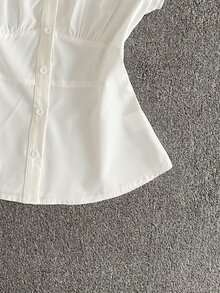 IslaSuriya 女款純色包袖前排扣簡約設計夏季休閒襯衫 - 白色 - 查看 5