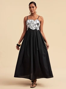Travachic Elegant Embroidered Fashion Pleated Spaghetti Strap Dress - Black - View 3